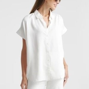 Quince Tencel Camp Shirt Women L White Short Sleeve Button Up Coastal Minimalist
